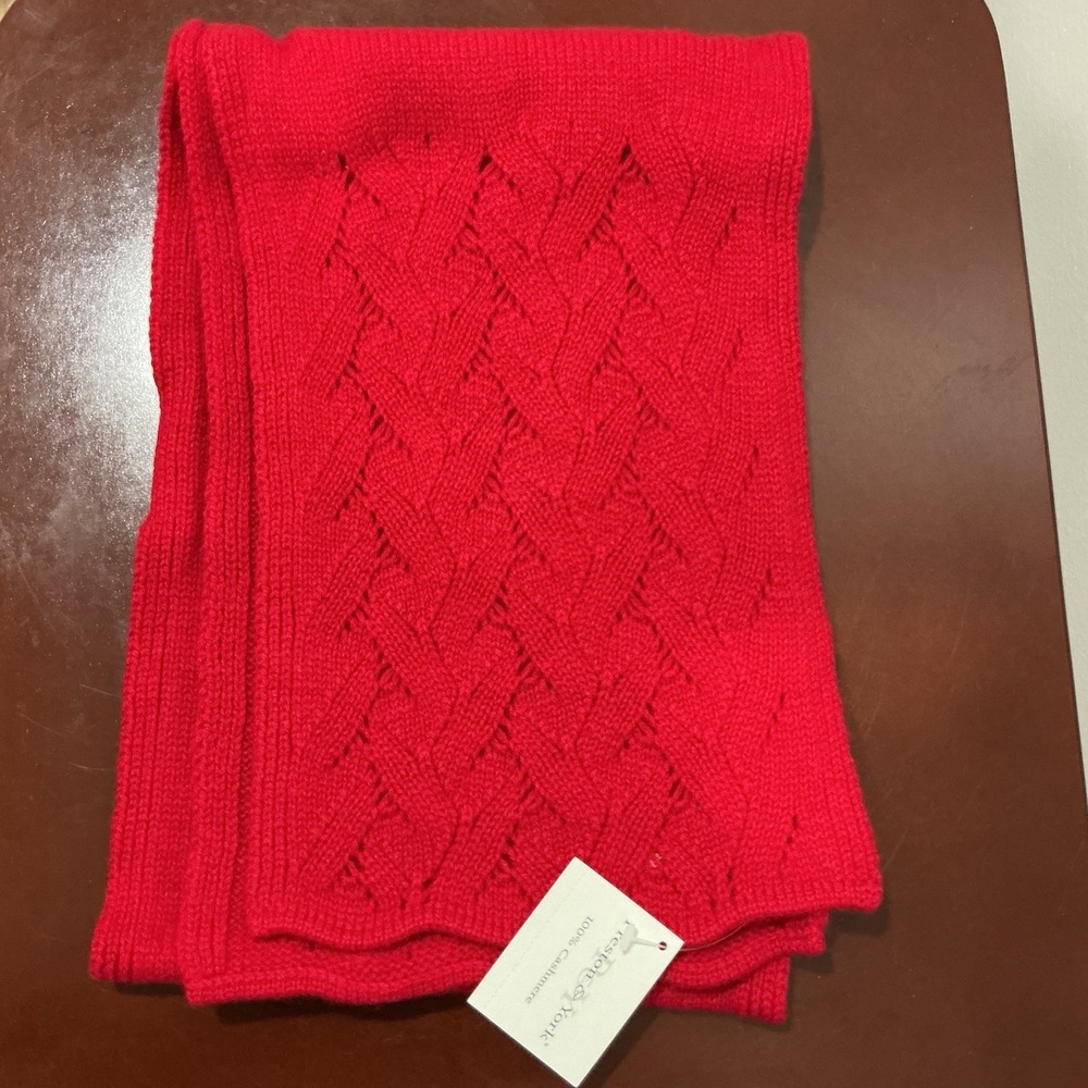 Preston & York Diamond‎ Pointelle 100% Cashmere Red Winter Scarf Women's NEW